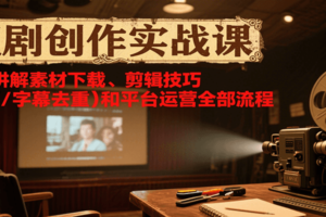 短剧创作实战课,系统讲解素材下载、剪辑技巧(画面/字幕去重)和平台运营全部流程