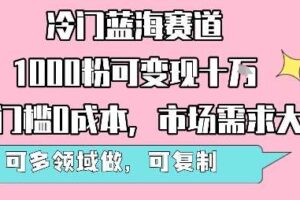 冷门蓝海赛道,1000粉可变现十W,无门槛0成本,市场需求大,可多领域做,可复制性强