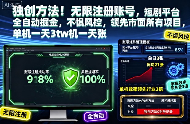 *方法!无限注册账号,短剧平台全自动掘金,不惧风控,*市面*项目,单机一天3张【揭秘】