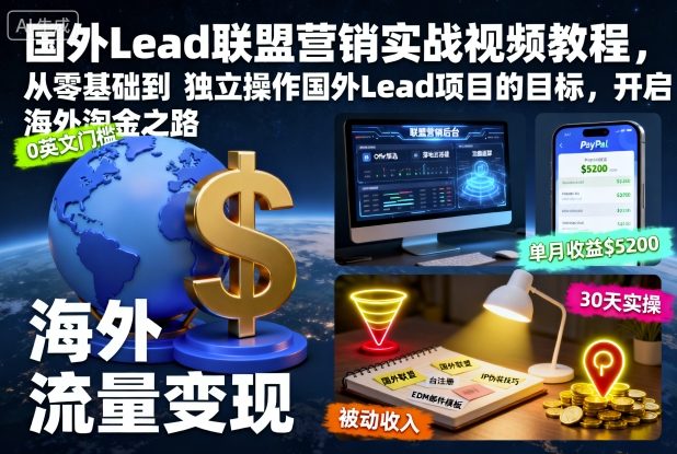 国外Lead联盟营销实战视频教程,从零基础到*操作国外Lead项目的目标,开启海外淘金之路