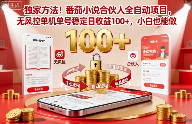 *方法!番茄小说合伙人全自动挂G项目,无风控单机单号稳定日收益100+,小白也能做【揭秘】