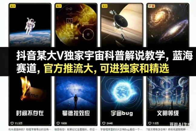 抖音某大V*宇宙科普解说教学,蓝海赛道,官方推流大,可进*和精选