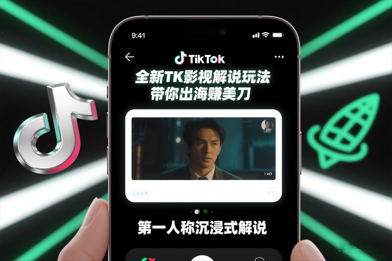 TikTok*人称影视解说教学,全新TK影视解说玩法,带你出海賺美刀