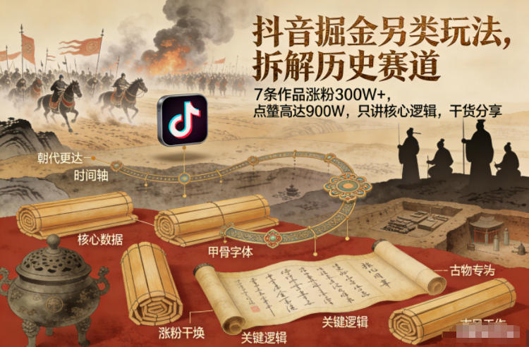 抖音掘金另类玩法,拆解历史赛道,7条作品涨粉300W+,点赞量高达900W,只讲*逻辑,干货分享