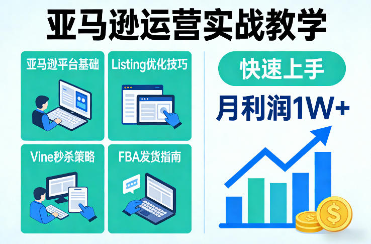 亚马逊运营实战教学,亚马逊平台+Listing优化+Vine*+FBA发货等,快速上手,实现店铺月利润1W