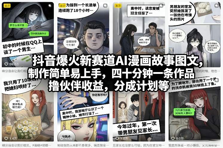 抖音爆火新赛道AI漫画故事图文,制作简单易上手,四*钟一条作品,撸伙伴收益,分成计划等