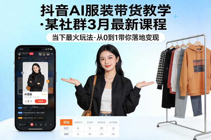 抖音AI服装带货教学,某社群3月*课程,当下最火玩法,从0到1带你落地变现