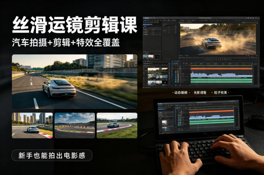 大叔丝滑运镜剪辑课,汽车拍摄+剪辑+*全覆盖,新手也能拍出电影感