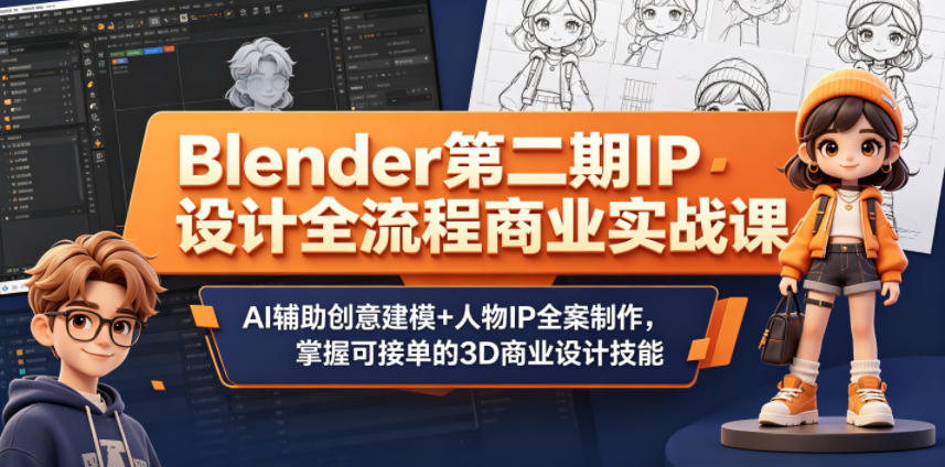 Blender*期IP设计全流程商业实战课,AI辅助创意建模+人物IP全案制作,掌握可接单的3D商业设计技能