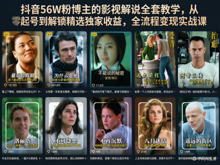抖音56W粉博主的影视解说全套教学,从零起号到解锁精选*收益,全流程变现实战课