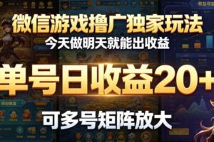 微信游戏撸广独家玩法,今天做明天就能出收益,单号日收益20+,可多号矩阵放大