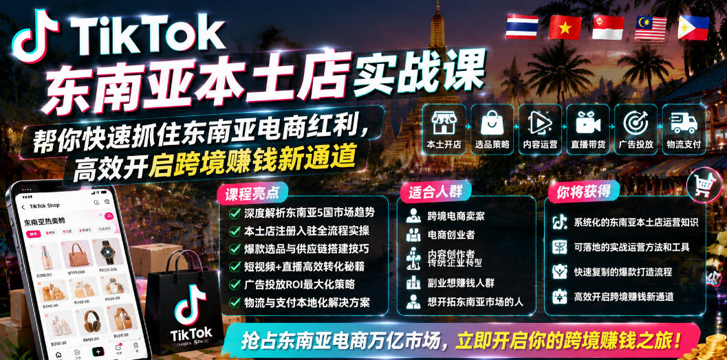 TikTok东南亚本土店实战课,帮你快速抓住东南亚电商红利,*开启跨境賺钱新通道