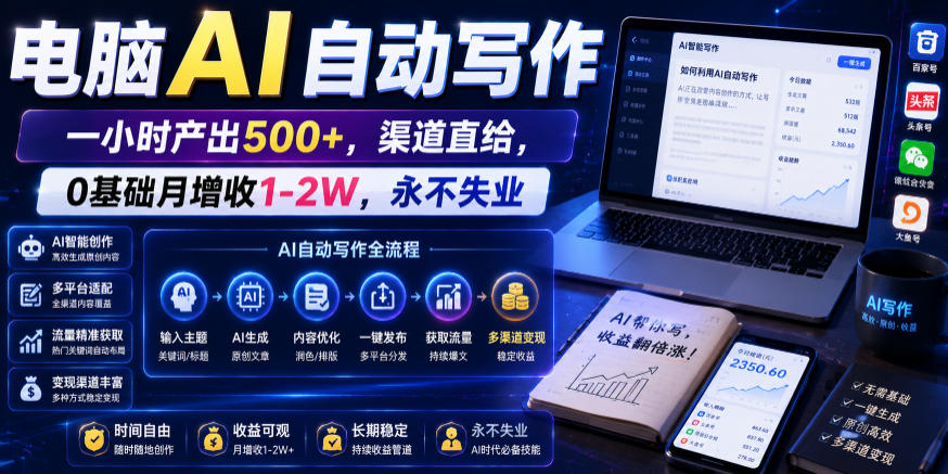 电脑AI自动写作,一小时产出500+,渠道直给,0基础月增收1-2W,*失业【揭秘】