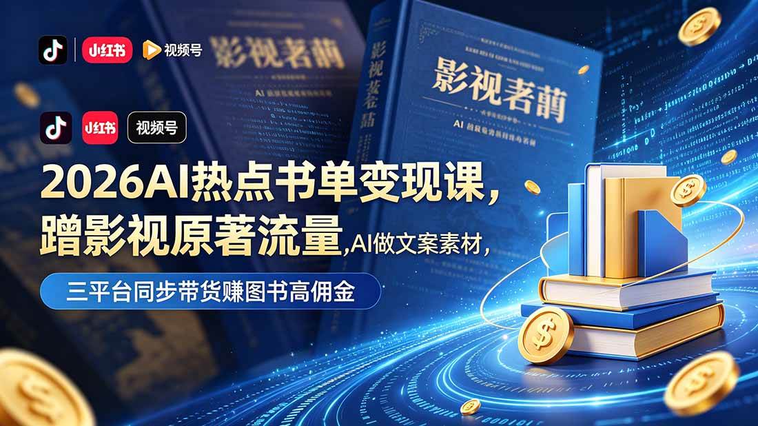 (18727期)2026AI热点书单变现课,蹭影视原著流量,AI做文案素材,三平台同步带货赚图书高佣金