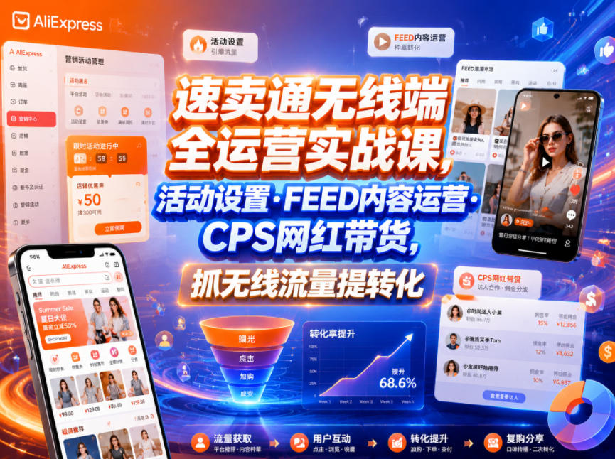 速卖通*端全运营实战课,活动设置・FEED内容运营・CPS网红带货,抓*流量提转化