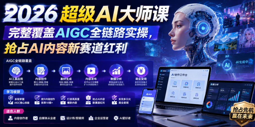 2026*AI大师课,完整覆盖AIGC全链路实操,抢占AI内容新赛道红利