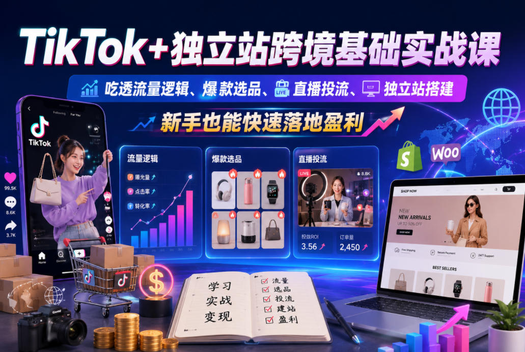 TikTok+*站跨境基础实战课,吃透流量逻辑、*选品、直播投流与*站搭建,新手也能快速落地盈利