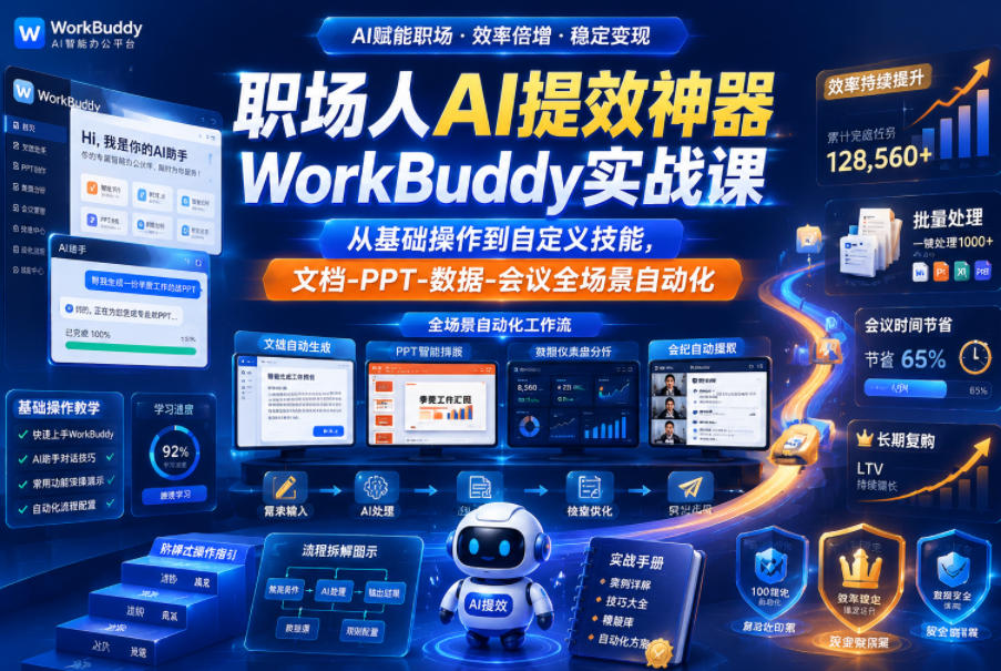 职场人AI提效*WorkBuddy实战课,从基础操作到自定义技能,文档-PPT-数据-会议全场景自动化