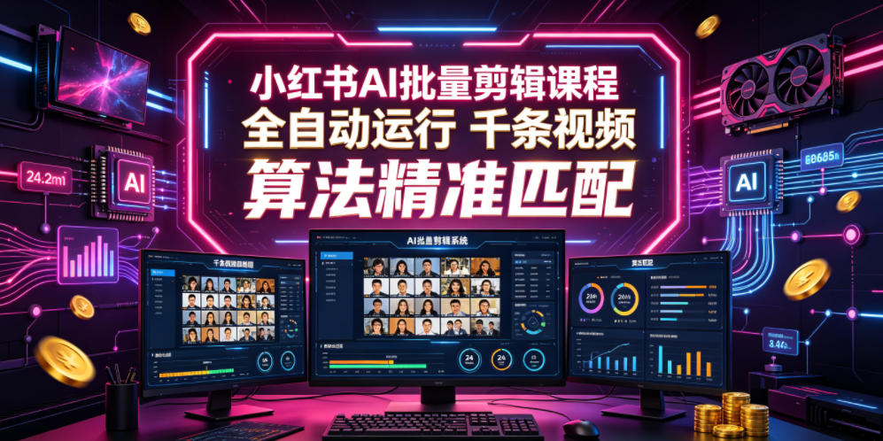 小红书AI批量剪辑课程,24小时全自动运行,解放双手专注运营,千条视频批量处理,小红书算法*匹配