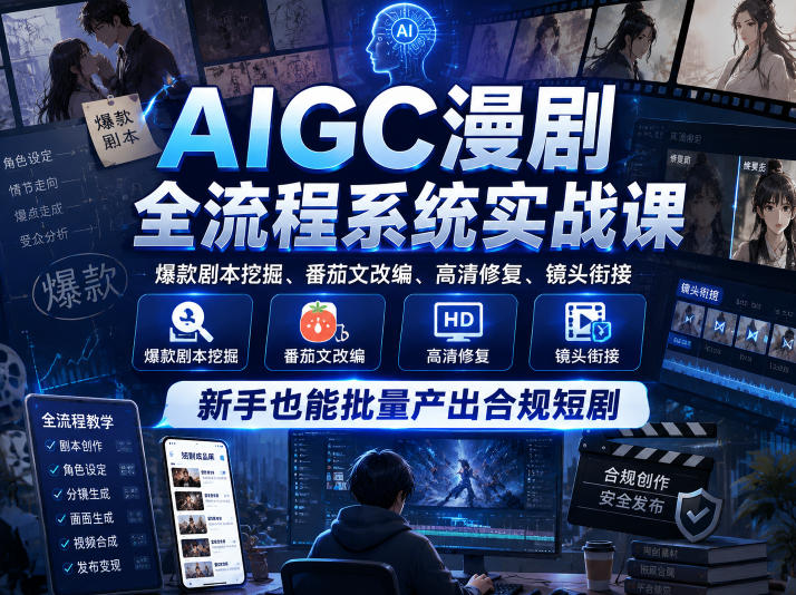 AIGC漫剧全流程系统实战课,*剧本挖掘、番茄文改编、高清*、镜头衔接,新手也能批量产出合规短剧