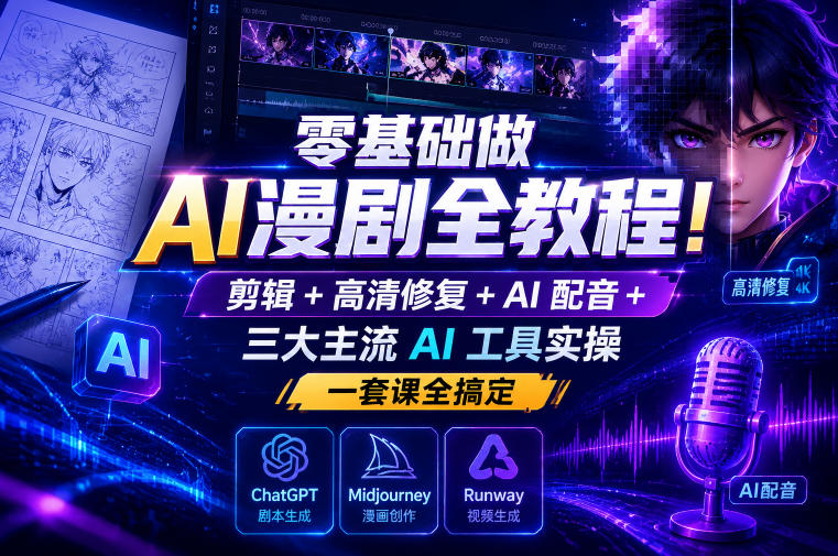 零基础做AI漫剧全教程!剪辑+高清*+AI配音+三大主流AI工具实操,一套课全搞定