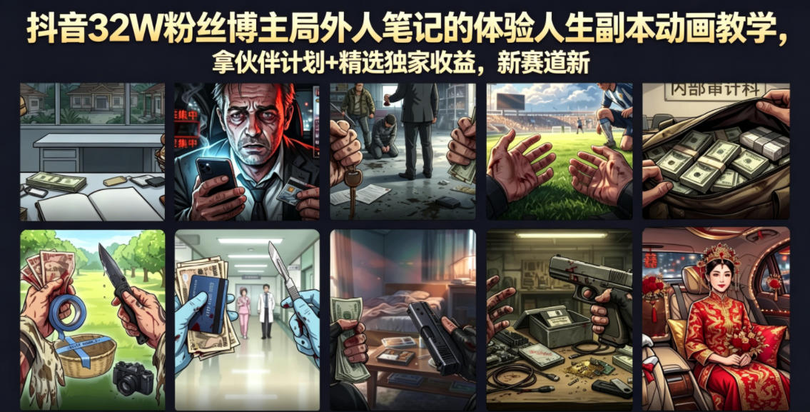 抖音32W粉丝博主局外人笔记的体验人生副本动画教学,拿伙伴计划+精选*收益,新赛道新涨粉快【录制版】