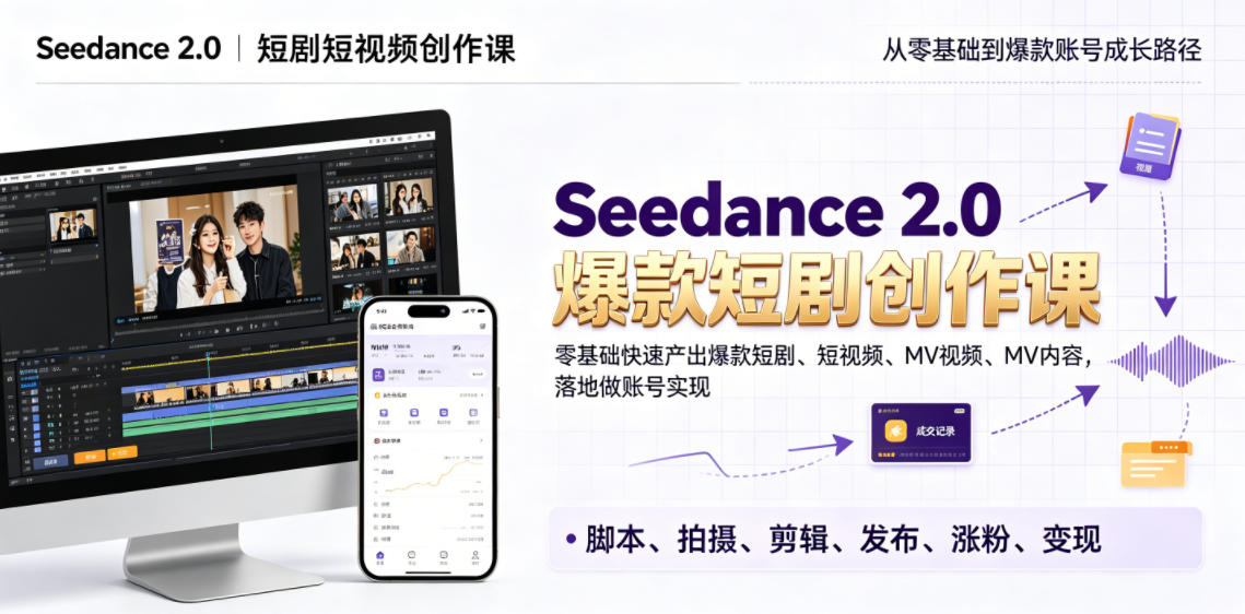 Seedance 2.0短剧短视频创作课,零基础快速产出*短剧、短视频、MV内容,落地做账号实现变现