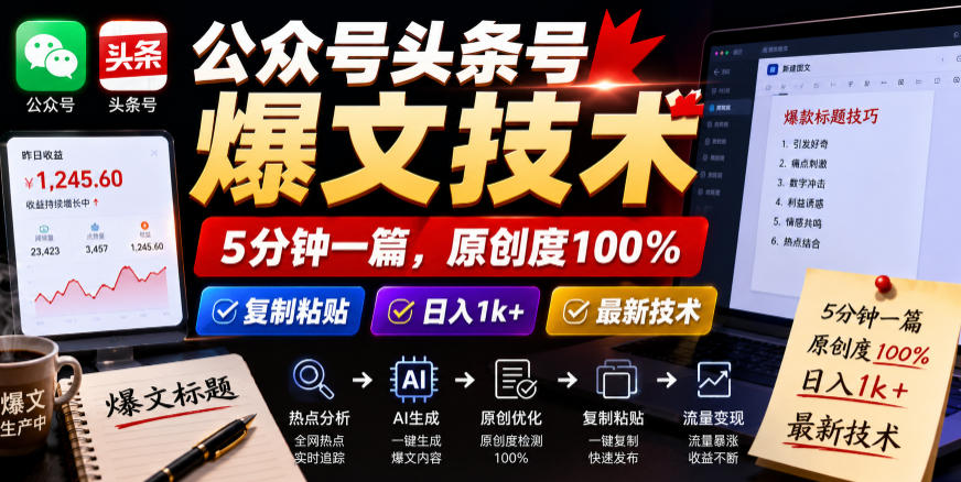 公众号头条号爆文技术,5分钟一篇,原创度*,复制粘贴,日入1k+,*技术【揭秘】