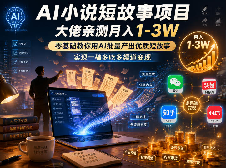 AI小说短故事项目,大佬亲测月入1-3W,零基础教你用AI批量产出*短故事,实现一稿多吃多渠道变现