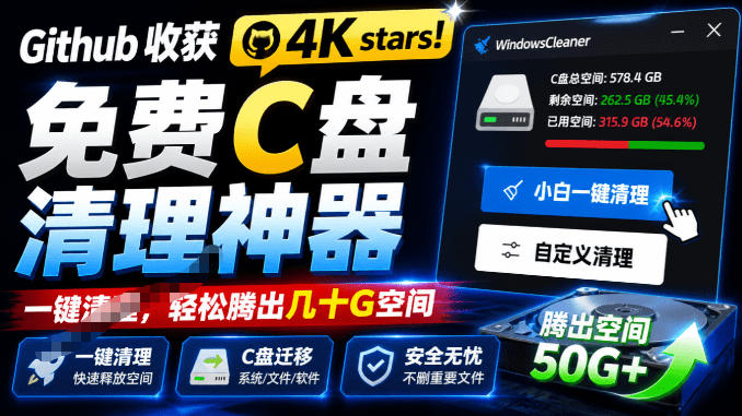 Github收获4K stars!免费C盘清理*,轻松腾出几十G空间,支持C盘迁移Windows Cleaner