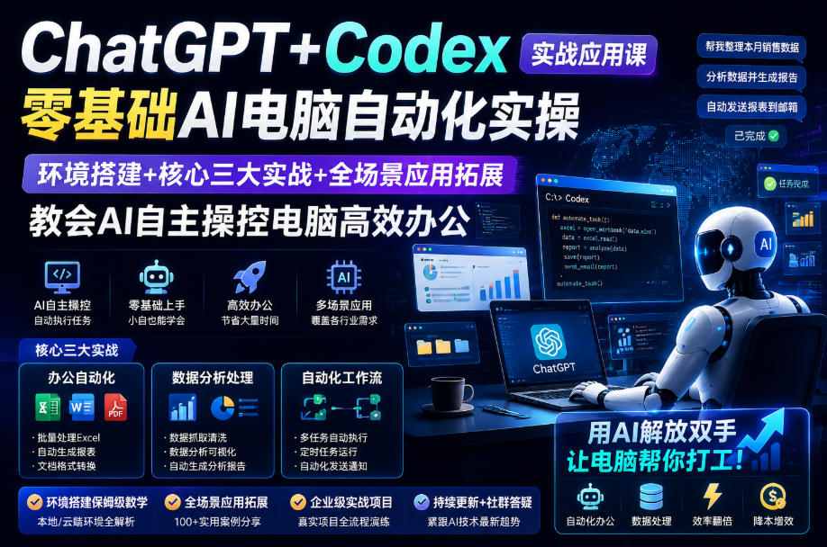 ChatGPT+Codex实战应用课|零基础AI电脑自动化实操,环境搭建+*三大实战+全场景应用拓展,教会AI自主操控电脑*办公