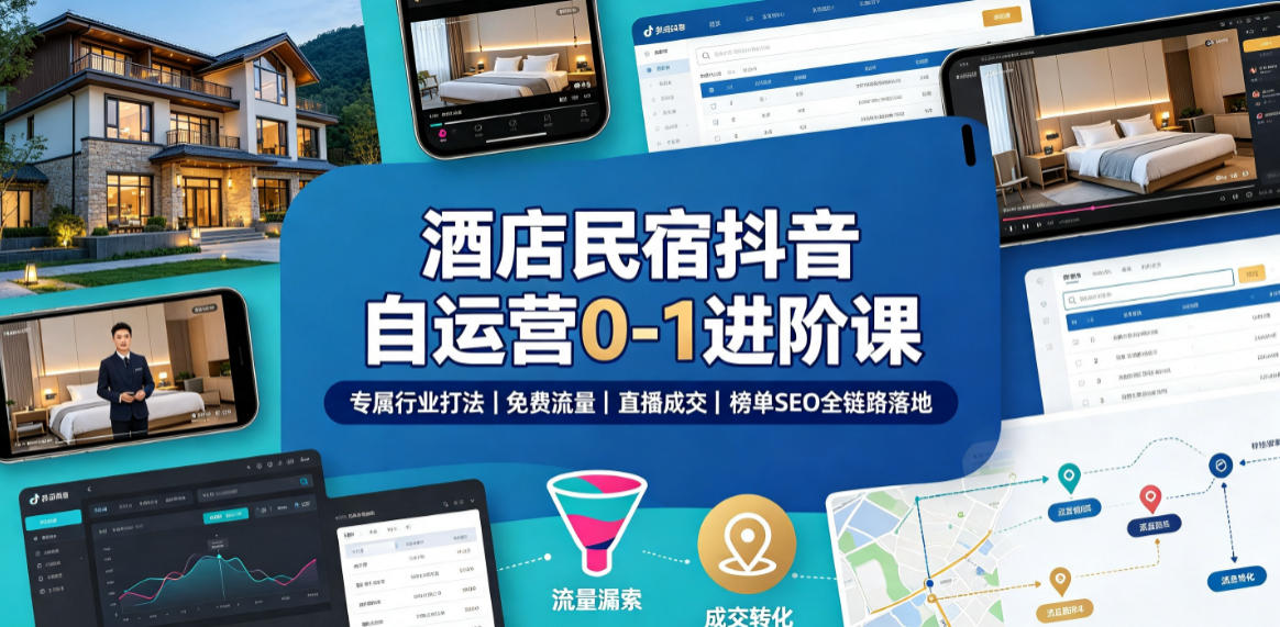 酒店民宿抖音自运营0-1进阶课|专属行业打法、免费流量+直播*+榜单SEO全链路落地