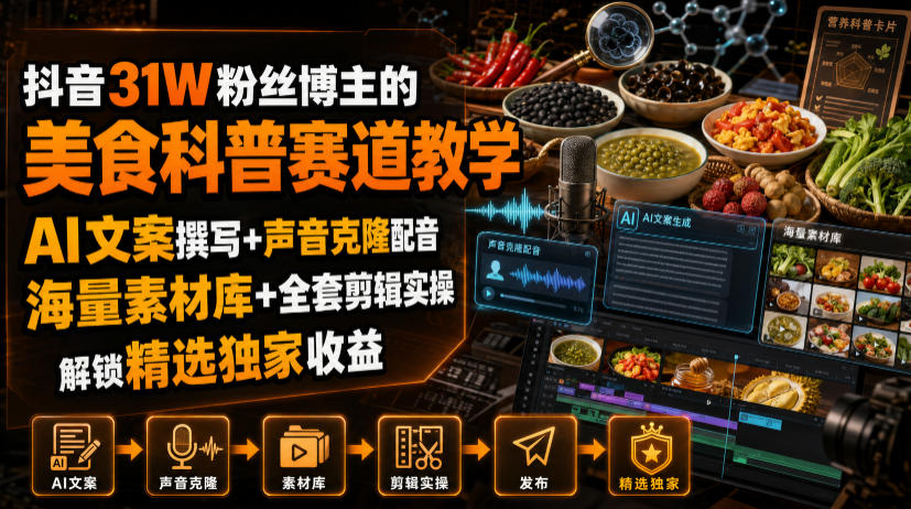 抖音31W粉丝博主的美食科普赛道教学,AI文案撰写+声音克隆配音+剪辑实操,解锁精选*收益