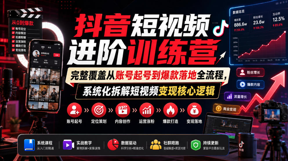 抖音短视频进阶训练营,完整覆盖从账号起号到*落地全流程,系统化拆解短视频变现*逻辑