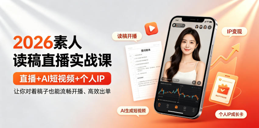 2026素人读稿直播实战课|直播+AI短视频+个人IP,让你对着稿子也能流畅开播、*出单