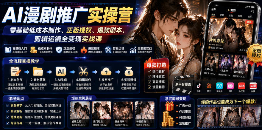 AI漫剧推广实操营|零基础低成本制作、正版授权、*剧本、剪辑运镜全变现实战课
