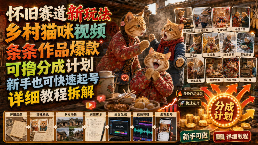 怀旧赛道新玩法,乡村猫咪视频,条条作品*,可撸分成计划,新手也可快速起号,详细教程拆解