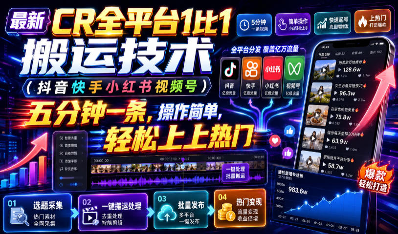 *CR全平台1比1搬运技术(抖音快手小红书视频号)五分钟分钟一条,操作简单,轻松上热门(教程+软件+参数)