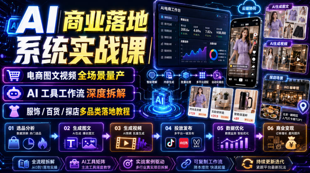 AI商业落地系统实战课|电商图文视频全场景量产・AI工具工作流*拆解・服饰/百货/探店多品类落地教程
