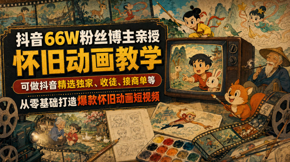 抖音66W粉丝博主亲授怀旧动画教学,可做抖音精选*、收徒、接商单等,从零基础打造*怀旧动画短视频