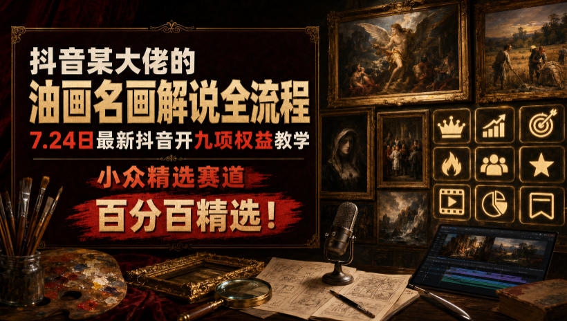 抖音某大佬的油画名画解说全流程,7.24日*抖音开九项权益教学,小众精选赛道,*精选!