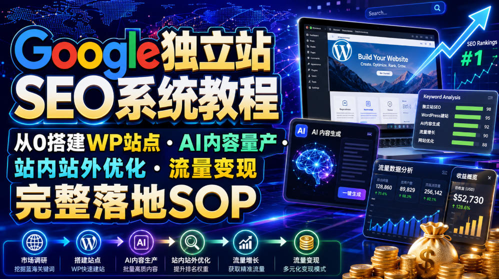 Google*站SEO系统教程,从0搭建WP站点・AI内容量产・站内站外优化・流量变现完整落地SOP(2026年7月)