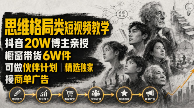 人性思维格局类短视频教学,抖音20W博主亲授,橱窗带货6W件,可做伙伴计划、精选*、接商单广告