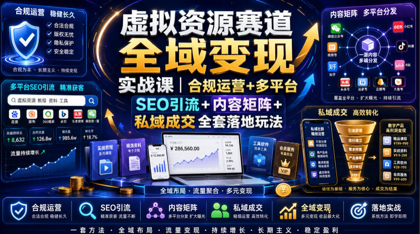 虚拟资源赛道全域变现实战课|合规运营+多平台SEO引流+内容矩阵+私域*全套落地玩法