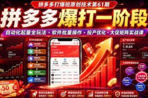 拼多多打爆班原创技术第61期,拼多多爆打一阶段,自动化起量全玩法・软件批量操作・投产优化・大促矩阵实战课