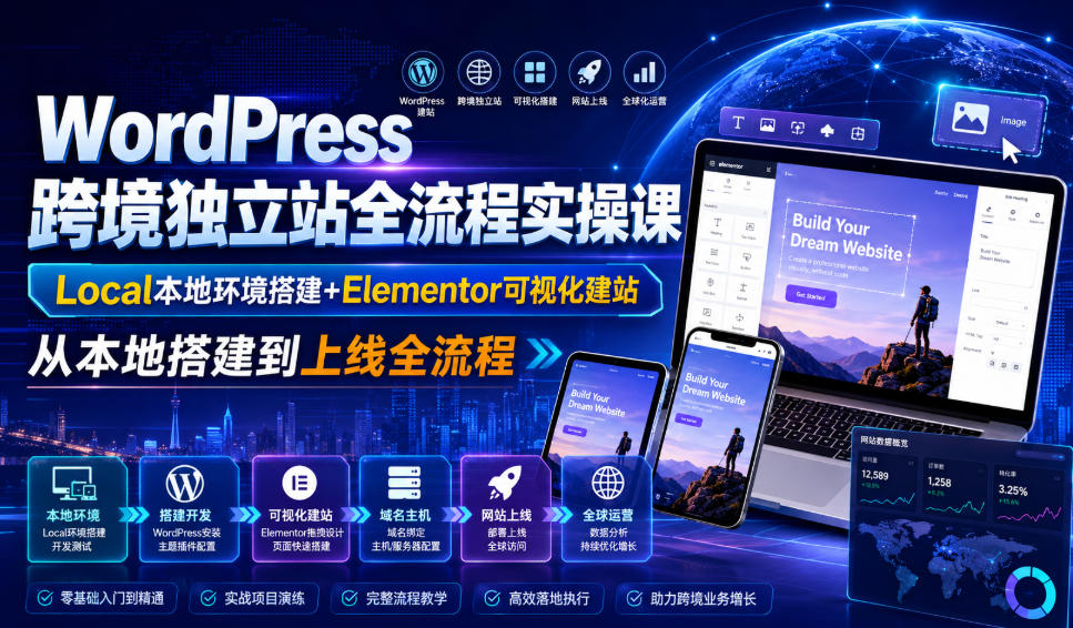 WordPress跨境*站全流程实操课|Local本地环境搭建+Elementor可视化建站,从本地搭建到上线全流程