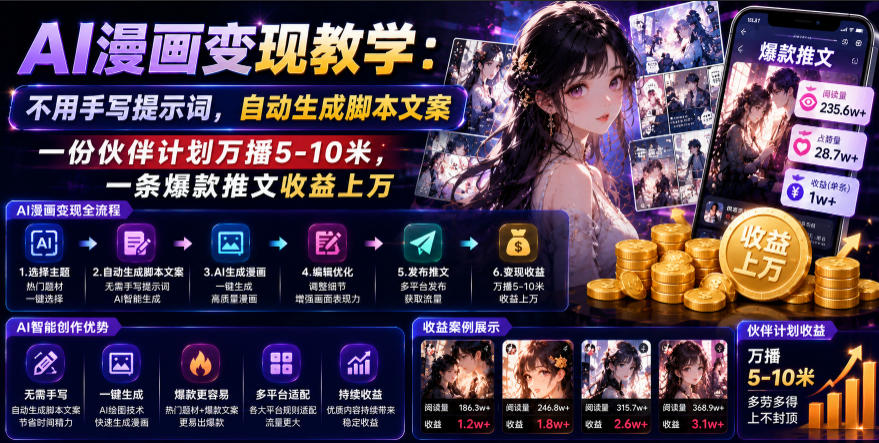 AI漫画变现教学:不用手写提示词,自动生成脚本文案,一份伙伴计划万播5-10米,一条*推文收益上W