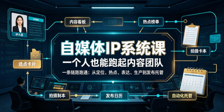 自媒体IP系统课,一个人也能跑起内容团队,一条链路跑通,从*、热点、表达、生产到发布托管