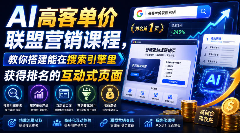 AI高客单价联盟营销课程,教你搭建能在搜索引擎里获得排名的互动式页面,引来流量,把访客转化为高佣金的*【原创双语字幕】