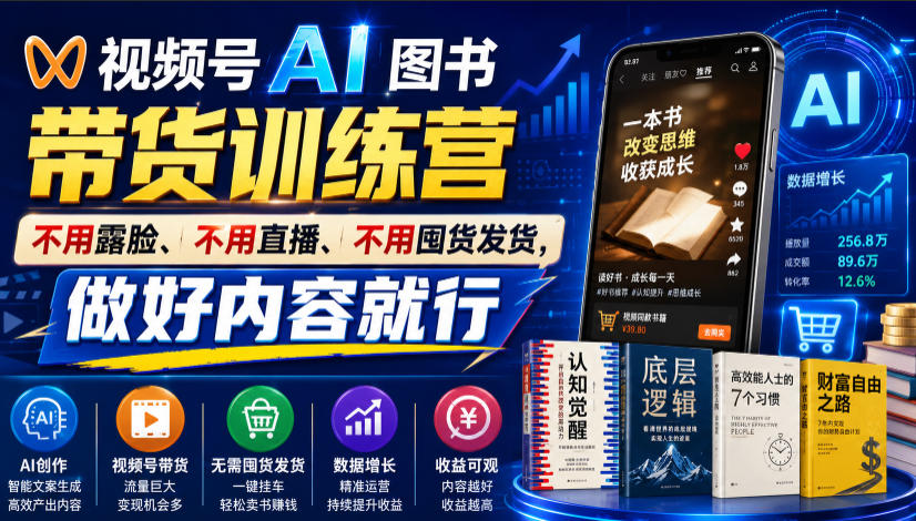 视频号AI图书带货训练营,不用露脸、不用直播、不用囤货发货,做好内容就行,一条*视频佣金8942